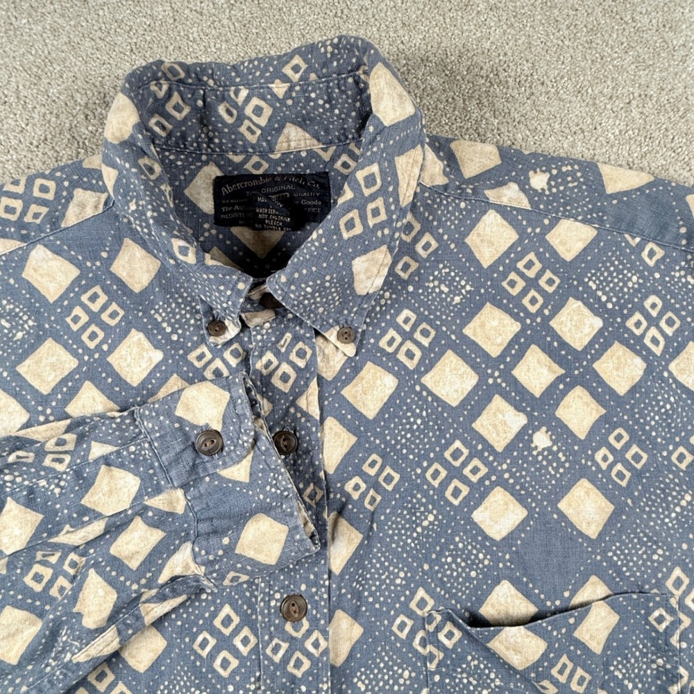 Abercrombie & Fitch Button Down Shirt Mens L Blue Linen Geometric Excellent